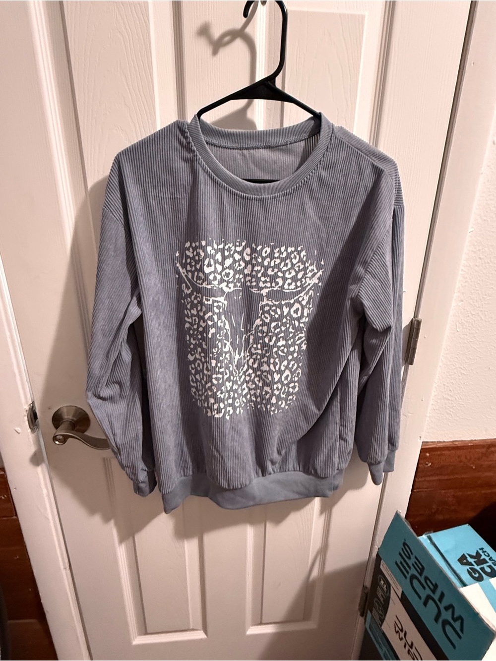 Dusty Blue Corded Crewneck Sweatshirt with Leopard Bull Graphic
